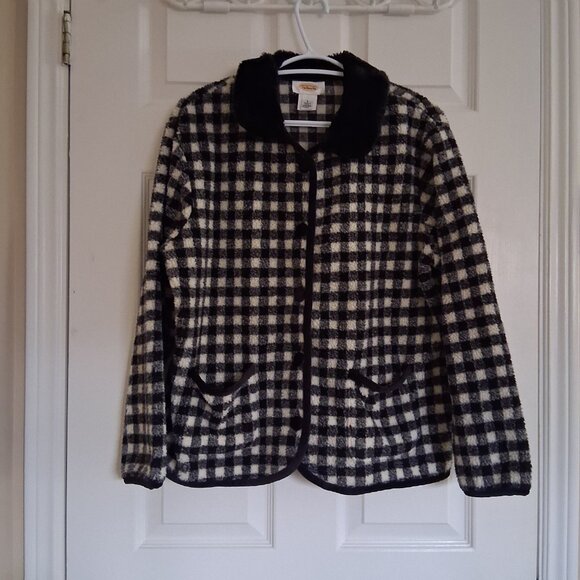 Talbots Vintage Women's Small Black & White Plaid Velvet Trim Fleece Jacket - Picture 3 of 14